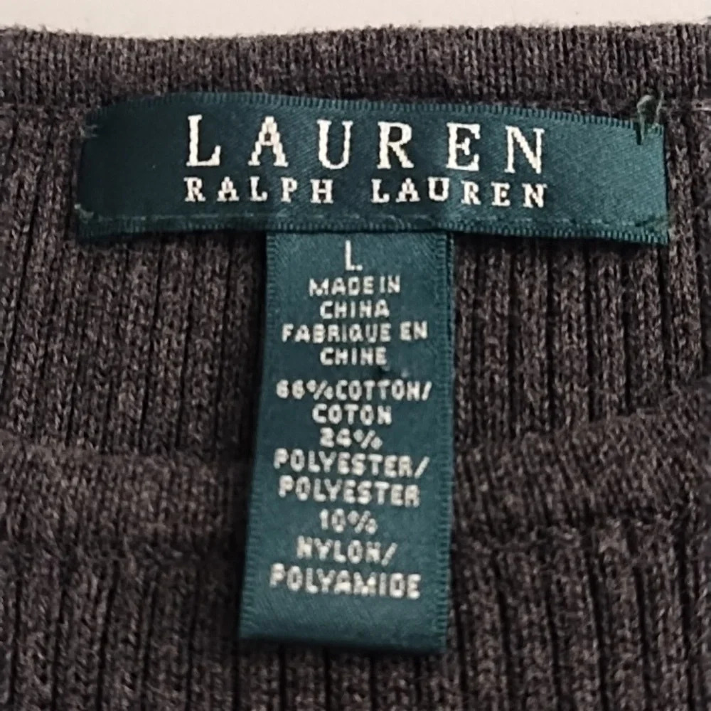 Lauren Ralph Lauren Rib Knit, Gold Button Shoulder, Gray & Cream Stripe Sweater - Picture 4 of 11